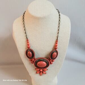 Desert Coral Beaded Bib Necklace Three Ornate Medallion Held By Bronze Chains